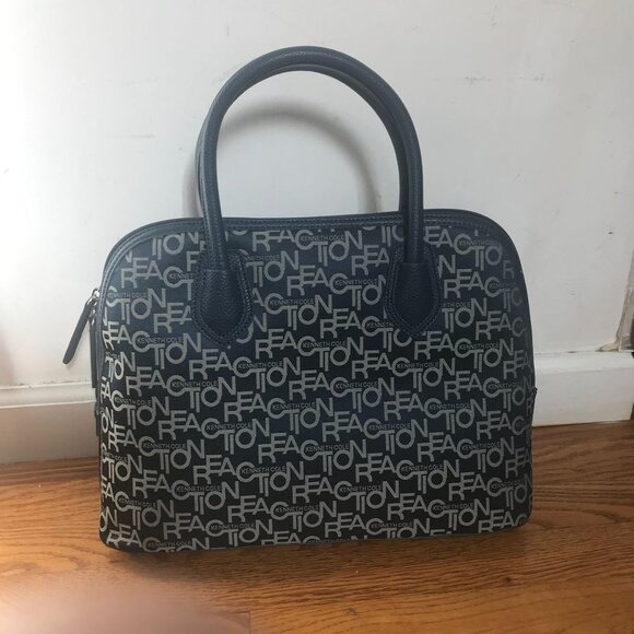 Kenneth Cole Signature Monogram Navy Blue Cruise Dome Satchel Purse Handbag Bag - Picture 3 of 11